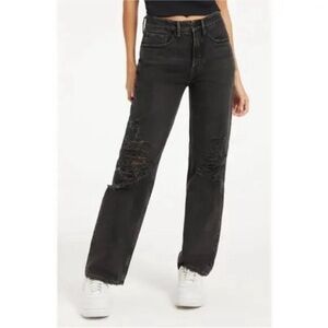Good American Good Icon Distressed Straight Leg Jeans in Black